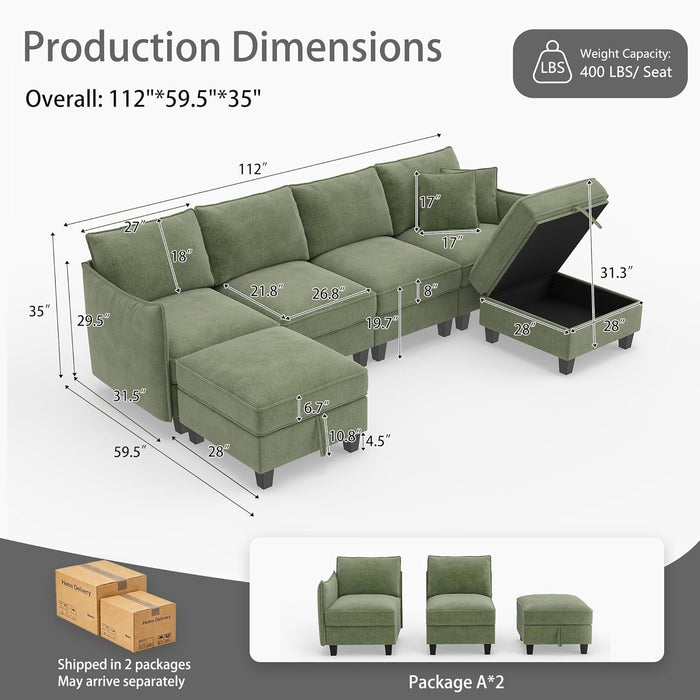 Green 112Inches Sectional Sofa With Storage Ottomans