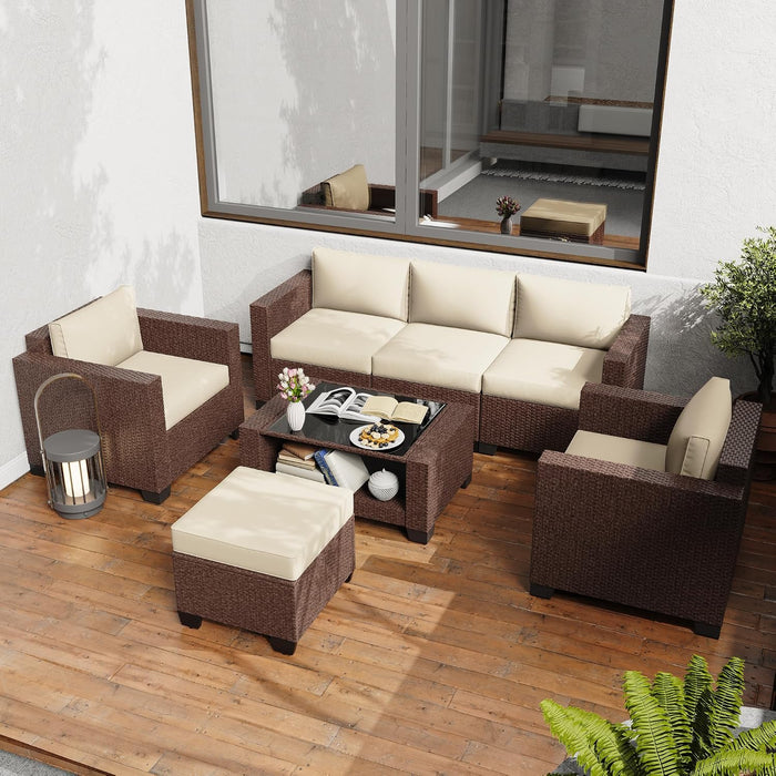 Patio Furniture Set 7 PCS Patio Conversation Sets, All-Weather PE Rattan Outdoor Sectional Sofa with Cushion and 2- Tier Glass Coffee Table（Brown/Beige）
