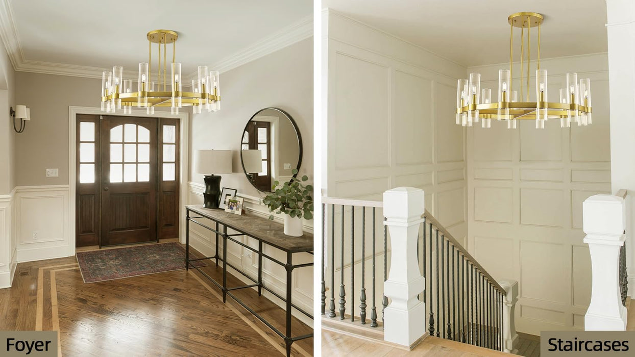 12 Light Brass round Chandelier 36" Wagon Wheel Chandeliers for Dining Room Light Fixture Clear Glass Tube Chandelier Modern Farmhouse Chandeliers for Livingroom Foyer, Bulb Included