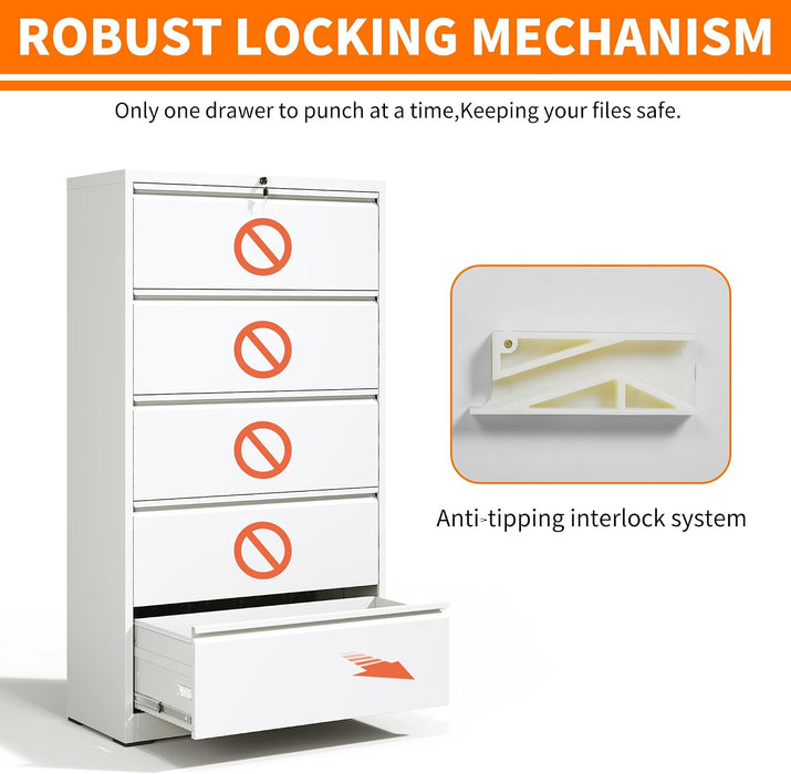 5 Drawer Lateral File Cabinet with Lock,White Metal Filing Cabinet