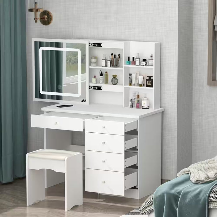 5-Drawers White Wood Makeup Vanity Sets Dressing Table Sets with LED Push-Pull Mirror, Stool and Storage Shelves