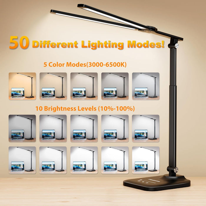 LED Desk Lamp for Office Home, Height Adjustable Architect Desk Light with USB Adapter, Stepless Dimming Desk Lamp Light for Reading, Study, Workbench