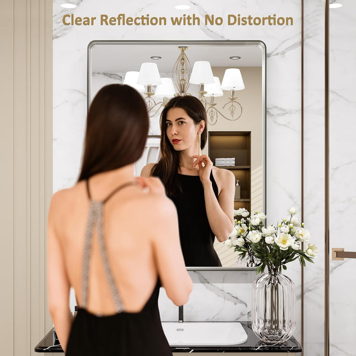 22X30 Inch Brushed Nickel Bathroom Mirror, Rounded Rectangle Silver Metal Frame Mirror, Brushed Nickel, Anti-Rust, Hangs Horizontally or Vertically