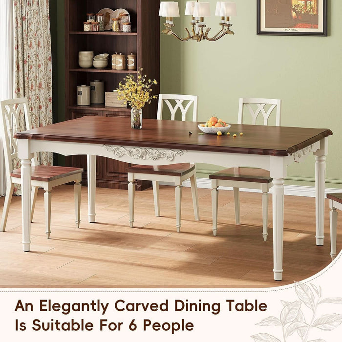 Elegantly Carved Dining Table,70.9" Solid Wood Kitchen Table for 6,Farmhouse Rectangle Table for 6 Persons,Carved Apron,Easy to Clean,Painted Finish,Fit Dining Room,Waterproof,Wn&Wt