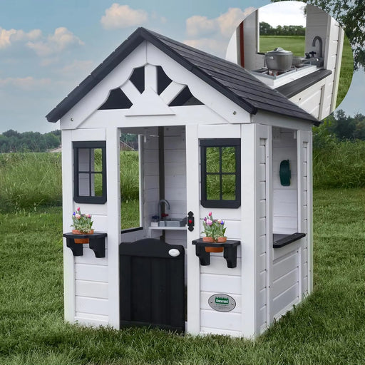 R All Cedar White Modern Outdoor Wooden Playhouse, Cottage, Sink, Stove, Windows, Kitchen with Pot and Pans and Utensils, Flower