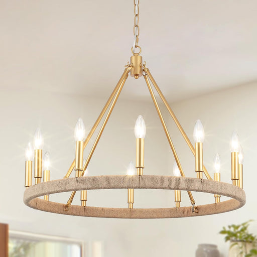 26" Gold Wagon Wheel Chandelier, 12-Light Farmhouse Chandelier for Dining Room, Gold Pendant Light Fixture for High Ceiling Living Room Foyer Entryway