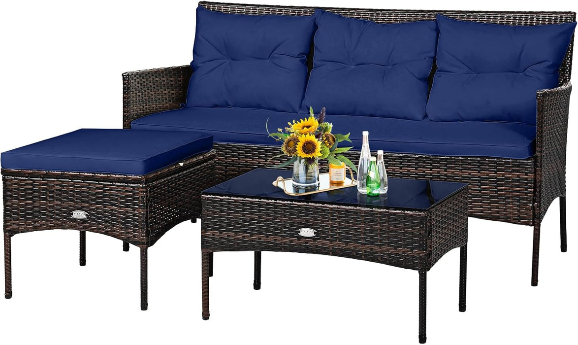 3 Pieces Patio Conversation Set, All Weather Outdoor PE Rattan Wicker Furniture Set with Padded Cushions, Tempered Glass Coffee Table, for Poolside, Backyard, Garden (Navy)