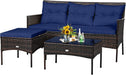 3 Pieces Patio Conversation Set, All Weather Outdoor PE Rattan Wicker Furniture Set with Padded Cushions, Tempered Glass Coffee Table, for Poolside, Backyard, Garden (Navy)