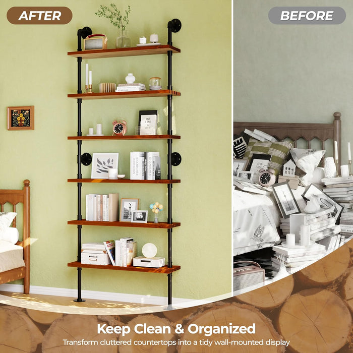 Industrial Pipe Bookshelf, Wall Mounted Shelf, 36 Inch, Walnut Brown | 6 Tier Open Bookcase, Solid Pine Wood, Black Iron Pipe Frame, 40 Lbs per Shelf, for Books, Kitchen, Office Decor