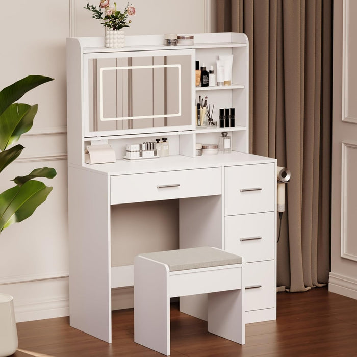 Vanity Desk with a Mirror and Lights，With Chair and Four Drawers, Three Adjustable Lighting Modes，With Power Outlet and Sliding LED Mirror,Bedroom Vanity Desk (White)