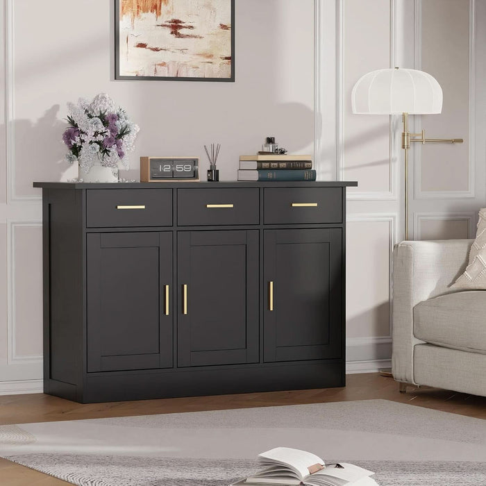 Buffet Cabinet with Storage - Buffets & Sideboards Kitchen Storage Cabinet, Wood Console Table Coffee Bar Accent Cabinets for Living Room Dining Room Entryway Large 3 Doors & Drawers, Black 47.2"W
