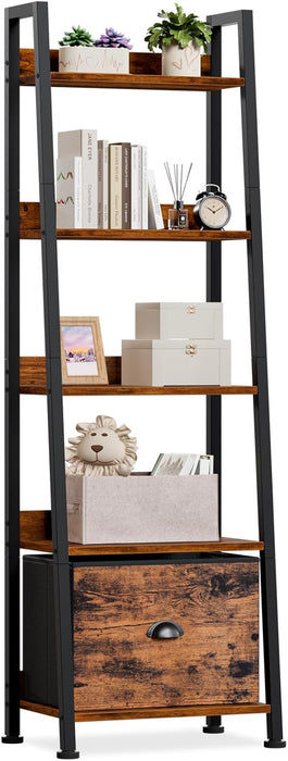 5 Tier Freestanding Ladder Bookshelf DetachableFabricDrawer