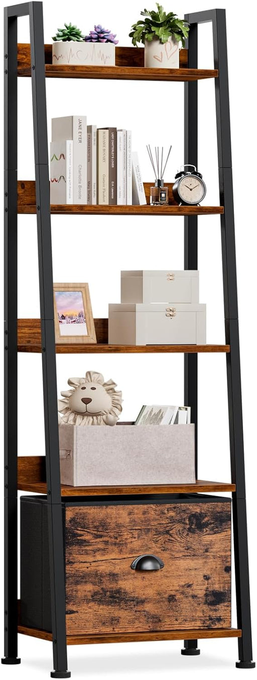 5 Tier Freestanding Ladder Bookshelf DetachableFabricDrawer