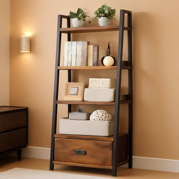 5 Tier Freestanding Ladder Bookshelf DetachableFabricDrawer