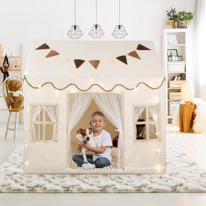 Kids Play Tent, Toddlers Large Playhouse with Mat, Star String, Flag, Machine Washable, Indoor and Outdoor Play Tent for Kids, Girls & Boy Aged 3+, 50" X 34" X 51", Cream