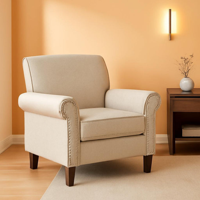 Upholstered Living Room Chair - Large Comfy Fabric Accent Chair Single Sofa with Cushion, Rolled Armrest & Nailhead Trim, Mid Century Farmhouse Armchair for Bedroom, Office, Beige
