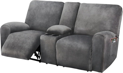 Reclining Loveseat with Middle Console Slipcover, 8-Piece Velvet Stretch Sofa Covers, 2 Seat Loveseat Recliner Cover, Thick, Soft, Washable(Dark Grey)