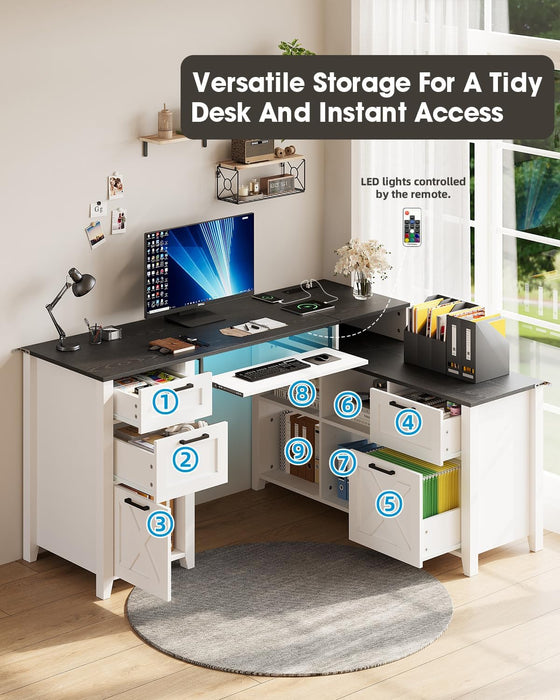 Farmhouse L Shaped Executive Desk with Drawers, 59''Home Office Corner Desks with Charging Station,File Cabinets,Storage Compartments Wood Computer Desk Writing Table W/Keyboard Tray,White
