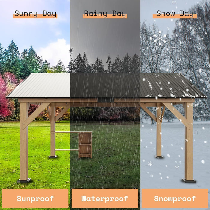 13X15 Ft Spruce Wood Gazebo, Outdoor Gazebo with Bar Storage, Hardtop Wooden Paviloin with Metal Steel Gable Roof, Patio, Garage, Black + Natural Wood
