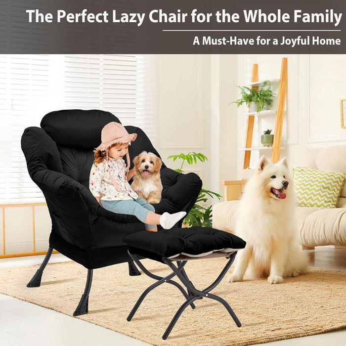 Lazy Chair with Folding Ottoman, Accent Chair Velvet Upholstered with Metal Structure and Non-Slip Pads, Sofa Armchair with Footrest and Side Storage Bag for Dorm, Room, Office, Black