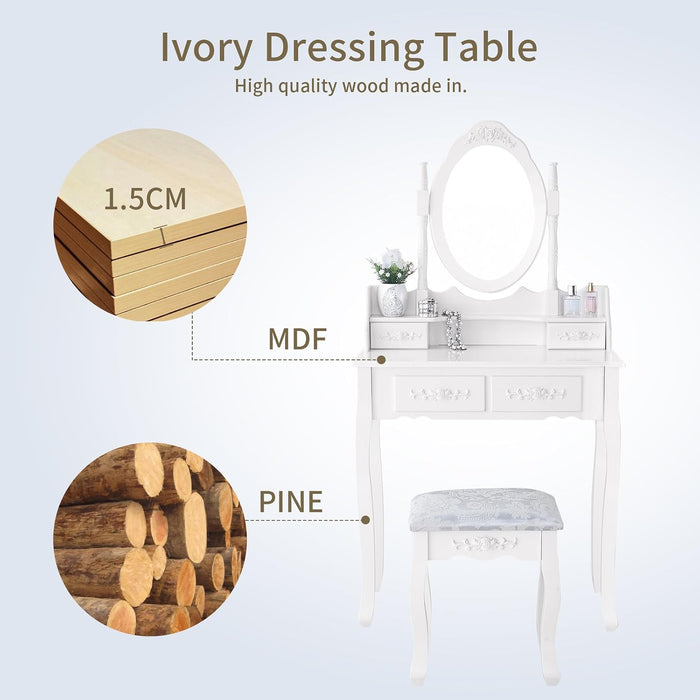Vanity Table Set with 4 Drawer,Makeup Dressing Table W/Cushioned Stool,Girls Women Bedroom Furniture Set Oval Mirror White