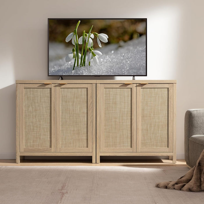 Sideboard Buffet Rattan Cabinet - Boho Larger Credenza Kitchen Storage Cabinet with Rattan Storage - Accent Buffet Console Table for Dining Room Hallway - 2 Pieces (Natural)