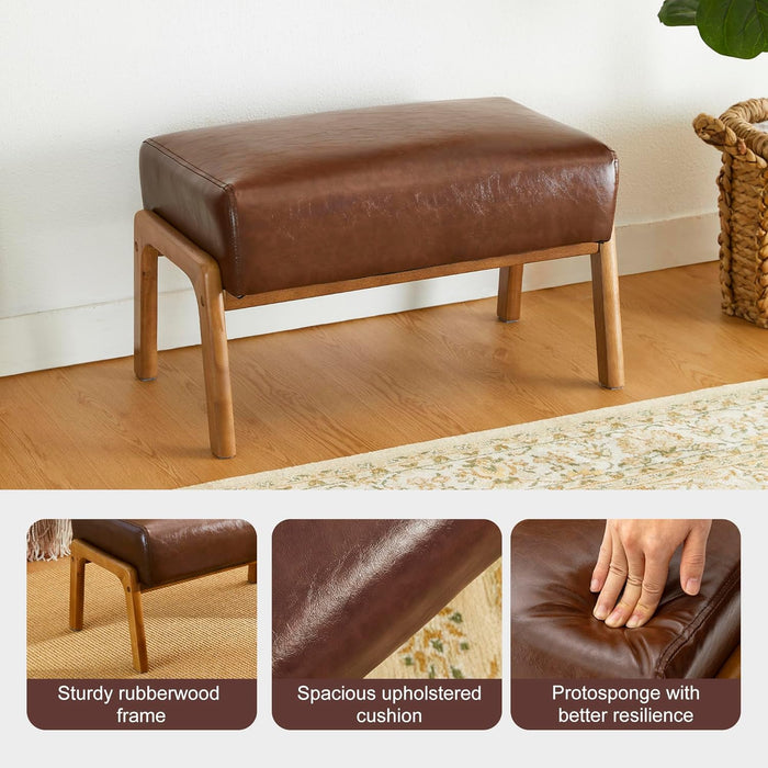 Rectangle Ottoman Bench, Modern Coffee Leatherette Footstool with Walnut Rubberwood Legs for Living Room, Bedroom