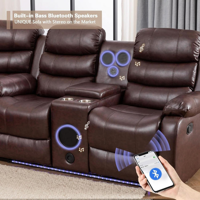 Faux Leather Living Room Set Modern Reclining Sectional Sofa with LED Light, USB Chargers, Sound System, 4Cup Holders, Hidden Storage, Brown
