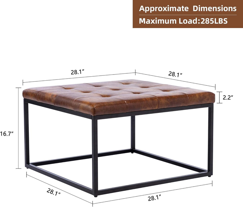 Square Ottoman Coffee Table, Faux Leather Ottoman Foot Rest Upholstered Button Tufted Ottoman for Living Room with Metal Frame, Yellowish Brown & Black Base