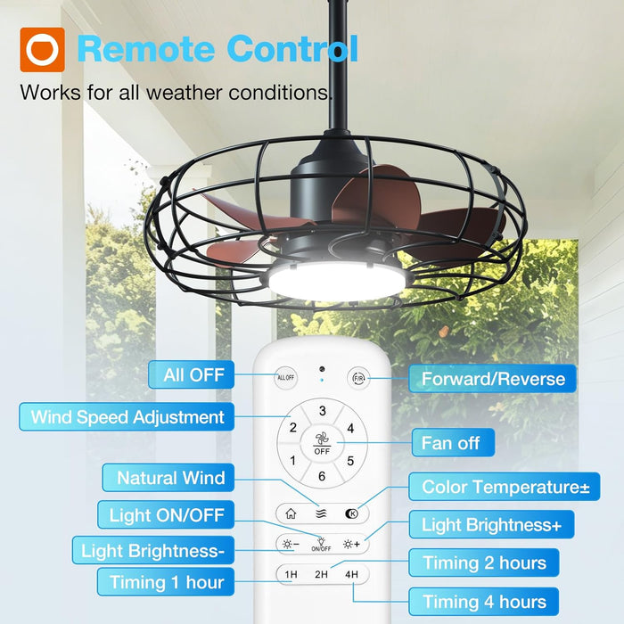 20 Inch Outdoor Ceiling Fan with Light for Patio, IP65 Waterproof Plug in Caged Hanging Fan, Remote Control, 3 CCT, 6 Speeds Reversible Outdoor Fan for Gazebo, Pergola, Porch