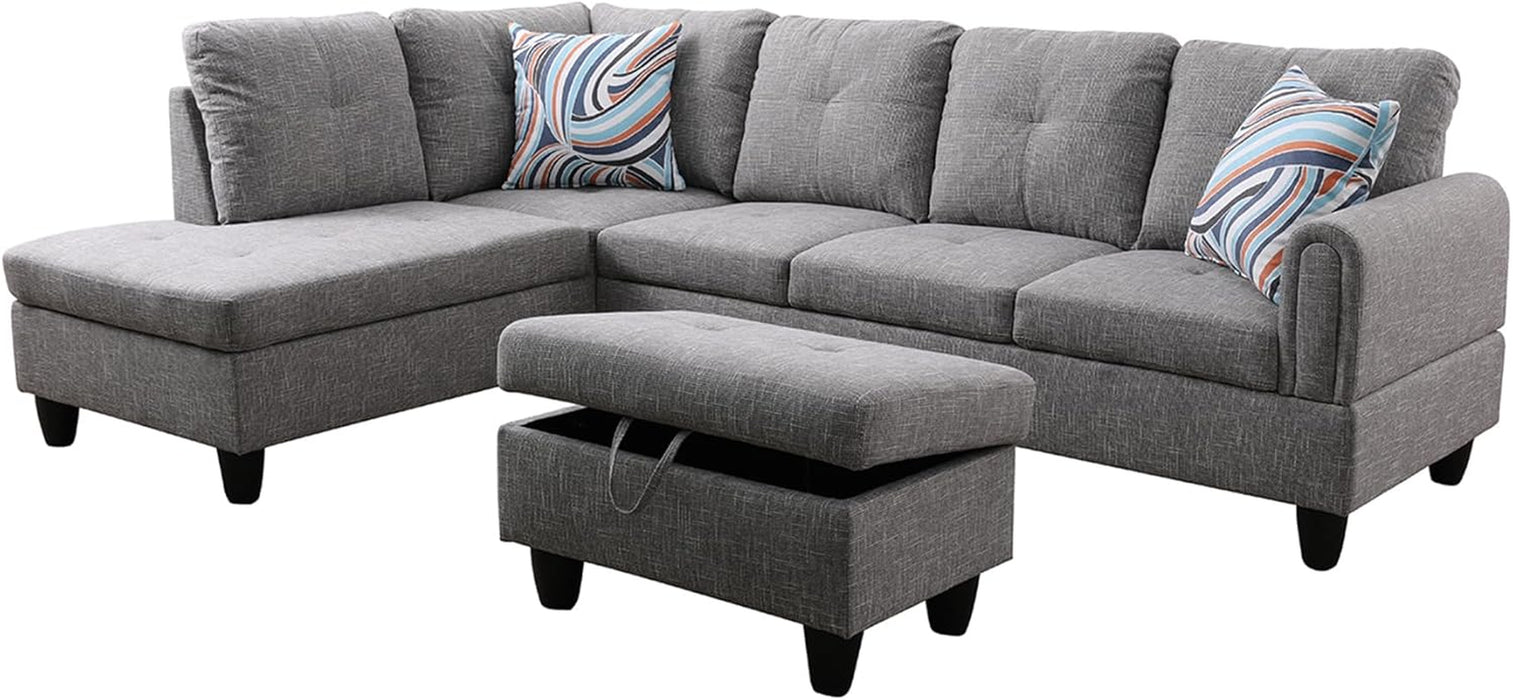 3-Piece Flannel Sectional Sofa Set with Left Facing Chaise and Storage Ottoman, Pillow, L-Shaped Couch for Living Room, Office, Apartment, Grey