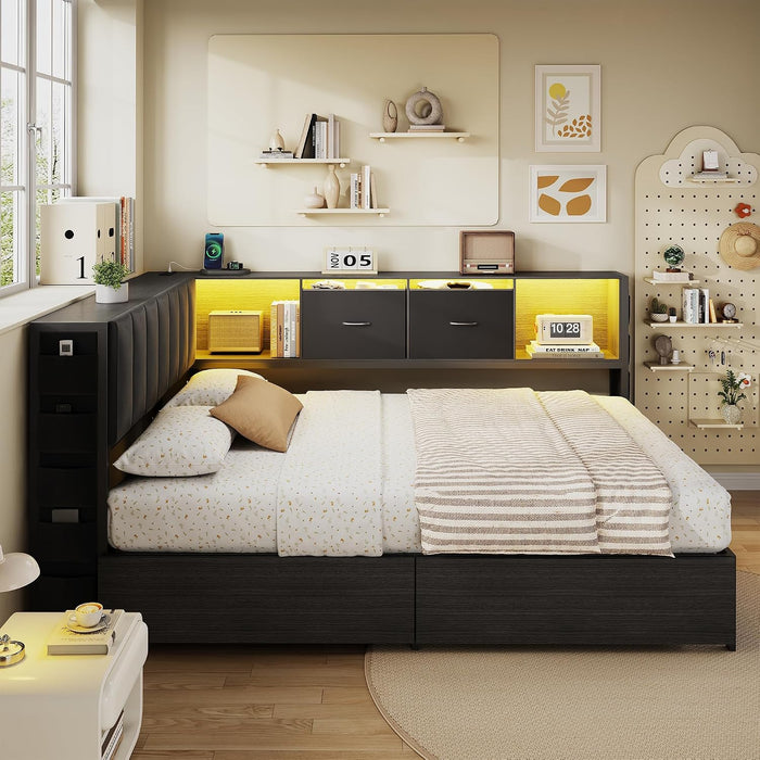 Full Corner Bed Frame with Upholstered Storage Headboard and Drawers, Metal Platform Bed Frame with LED Light and Charging Station, Full Daybed for Living Room, Bedroom & Guest Room, Black