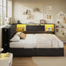 Full Corner Bed Frame with Upholstered Storage Headboard and Drawers, Metal Platform Bed Frame with LED Light and Charging Station, Full Daybed for Living Room, Bedroom & Guest Room, Black