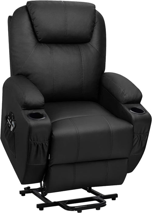 Power Lift Recliner Chair PU Leather with Massage for Elderly Ergonomic Lounge Chair Classic Single Sofa with 2 Cup Holders Side Pockets Home Theater Seat (Leather, Light Black)