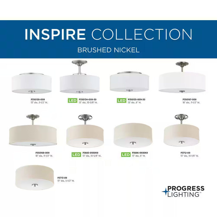 Inspire Collection 13 In. 2-Light Brushed Nickel Transitional Kitchen Ceiling Light Drum Flush Mount