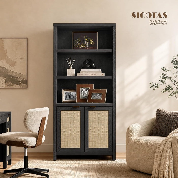 71" Tall Bookcase 5 Tier Rattan Bookshelf with Doors for Library | Farmhouse Storage Book Shelf with Adjustable Shelves Large Book Case Bookshelves for Living Room Home Office Bedroom Kitchen