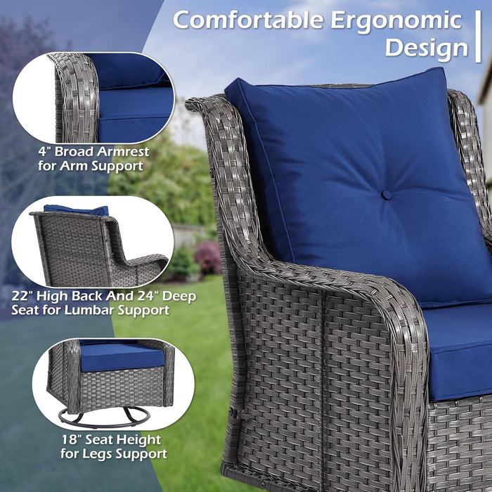 Patio Furniture Sets, 3 Pieces Wicker Outdoor Furniture - 360 Degree Swivel Rocking Chairs and Rattan Side Table for Garden,Porch,Backyard (Grey Wicker/Blue Cushion, 3PCS - Swivel Chairs)