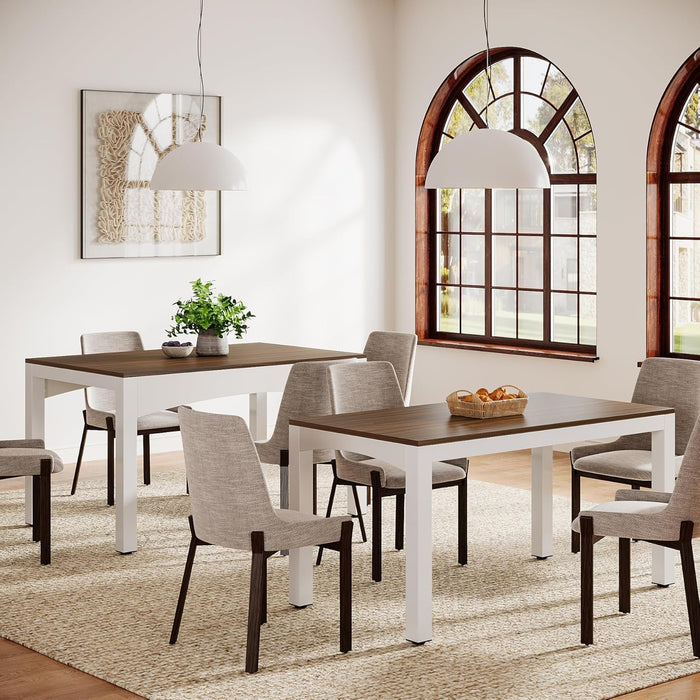 47”-95” Extendable Dining Table, Long Wood Kitchen Table with Heavy-Duty Metal Frame, Farmhouse Large Rectangular Dinner Table for Dining Room, Brown & White
