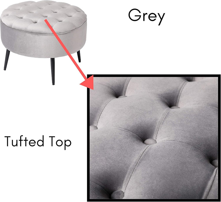 Tufted round Ottoman - Velvet Footrest with Cushion and Mid-Century Modern Steel Legs - Ideal for Living Room, Bedroom, or Office Seating - Soft, Compact Decorative Footstool - Grey