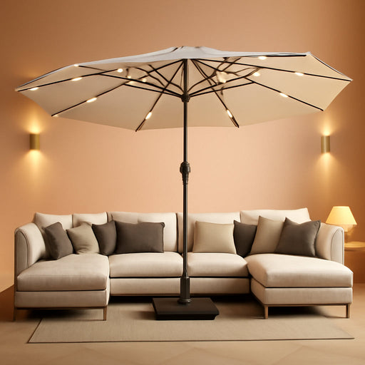15FT Patio Umbrella with Solar Lights, Double-Sided Extra Large Outdoor Table Umbrella with Base Included, Heavy-Duty 12 Iron Ribs Market Umbrella for Garden, Pool, Backyard, Creamy White
