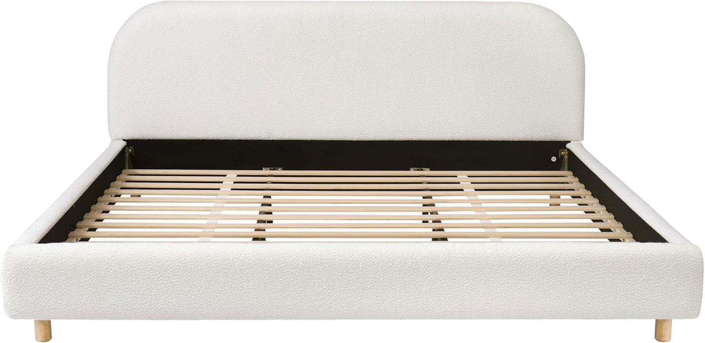 King Size Teddy Fleece Thick Fabric Upholstered Platform Bed with Curved Shaped Headboard, Wood Bed Frame with Solid round Legs for Kids Teens Adults, White