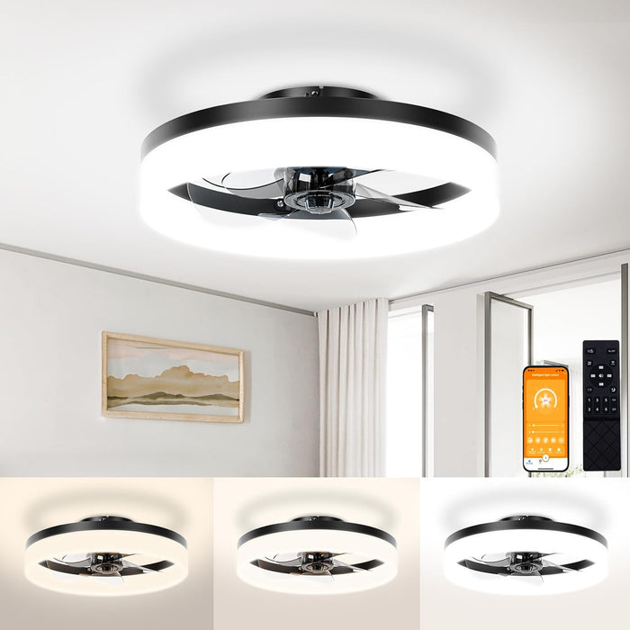 Low Profile Ceiling Fans with Lights and Remote,15.7In Modern Ceiling Fan Flush Mount,3000K-6500K Dimmable Bladeless LED Fan Light,Black Fandelier Ceiling Fans with Lights for Bedroom