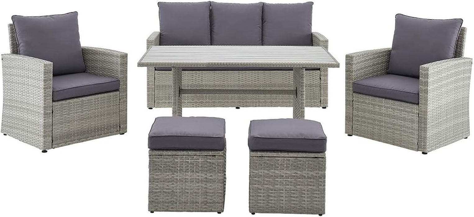 6 Pieces Patio Dining Sets Outdoor Space Saving Rattan Chairs with Table Patio Furniture Sets Cushioned Seating and Back Sectional Conversation Set (Grey)