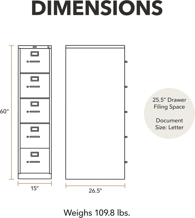 5 Drawer Vertical File Cabinet with Lock, Metal Filing Cabinets with 5 Drawer Letter File for Offices, Hanging Files, and Vertical Letters, 26.5" Deep, Putty