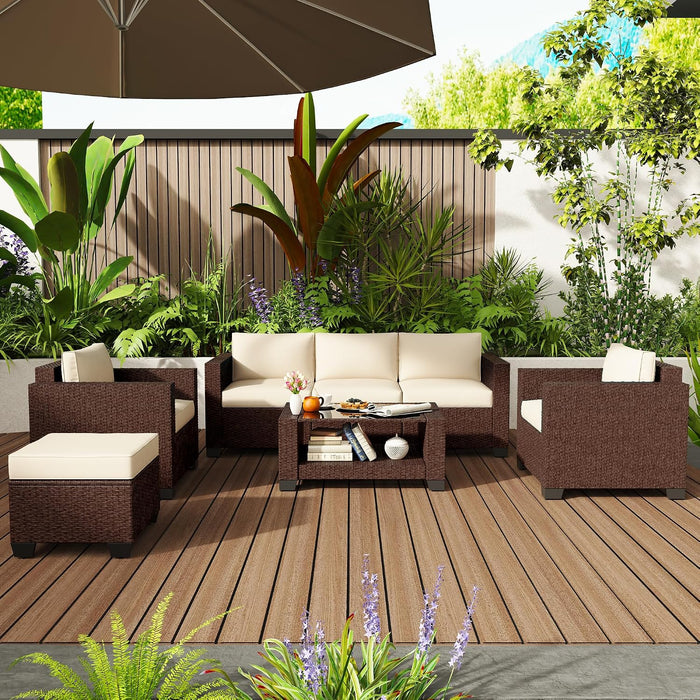 Patio Furniture Set 7 PCS Patio Conversation Sets, All-Weather PE Rattan Outdoor Sectional Sofa with Cushion and 2- Tier Glass Coffee Table（Brown/Beige）