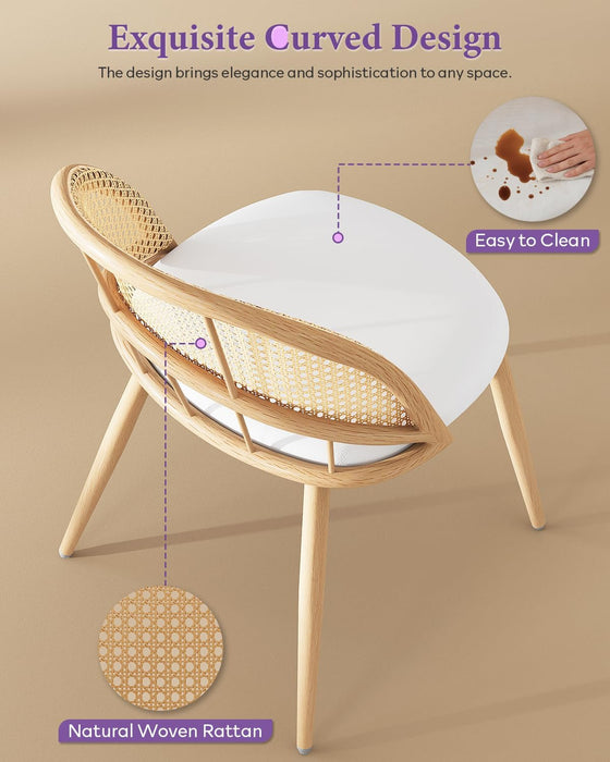 Rattan Dinner Chairs Set of 4 with Faux Leather Cushion, Modern Dining Room Chairs W/Adjustable Foot Pads, Kitchen Boho Chairs Mid Century Upholstered, White