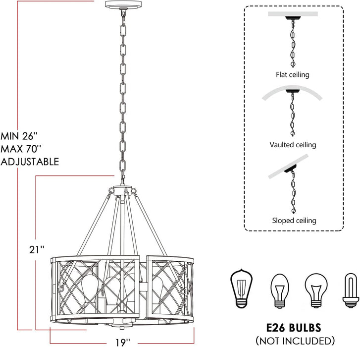 D19'' Farmhouse Chandelier, 4-Light Adjustable Dining Room Light Fixture Kitchen Island Lighting, Rustic Hanging Lights for Entryway Foyer Bedroom Living Room, Black & White Oak