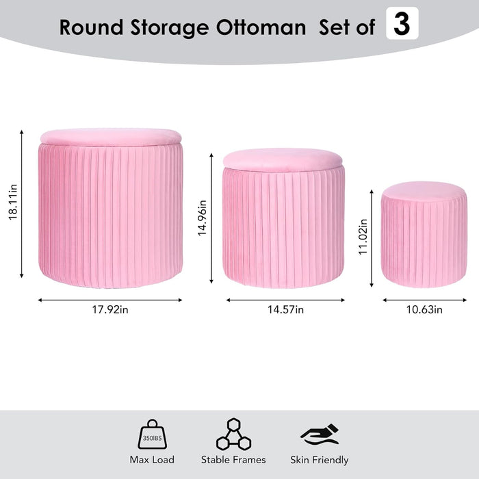Ottoman Coffee Table,Round Ottoman with Storage Set of 3,Vanity Stool with Storage for Bedroom, Small Velvet Foot Stool for Living Room