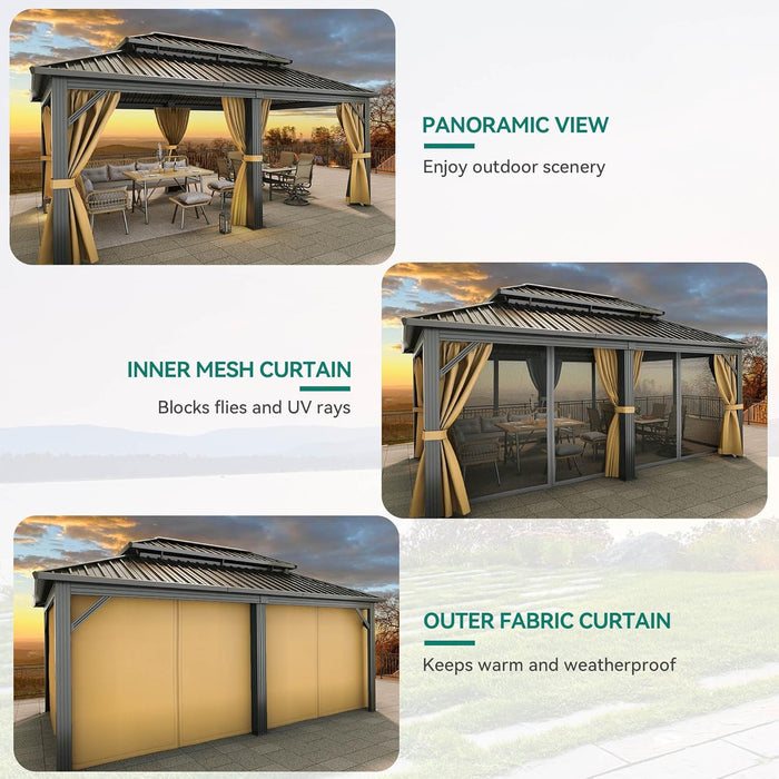 12X18FT Meatl Hardtop Gazebo Metal Double Roof Canopy Galvanized Iron Aluminum Pillar Garden Tent Curtains Netting for Patios Backyards Decks Lawns