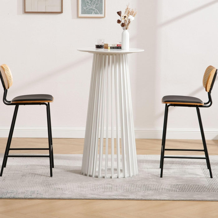 43.5" High round Bar Table, Modern Wood Cocktail Table with Columnar Wooden Strips Base, Stylish Pub Table for Bistro Parties Kitchen Coffee Shop, White